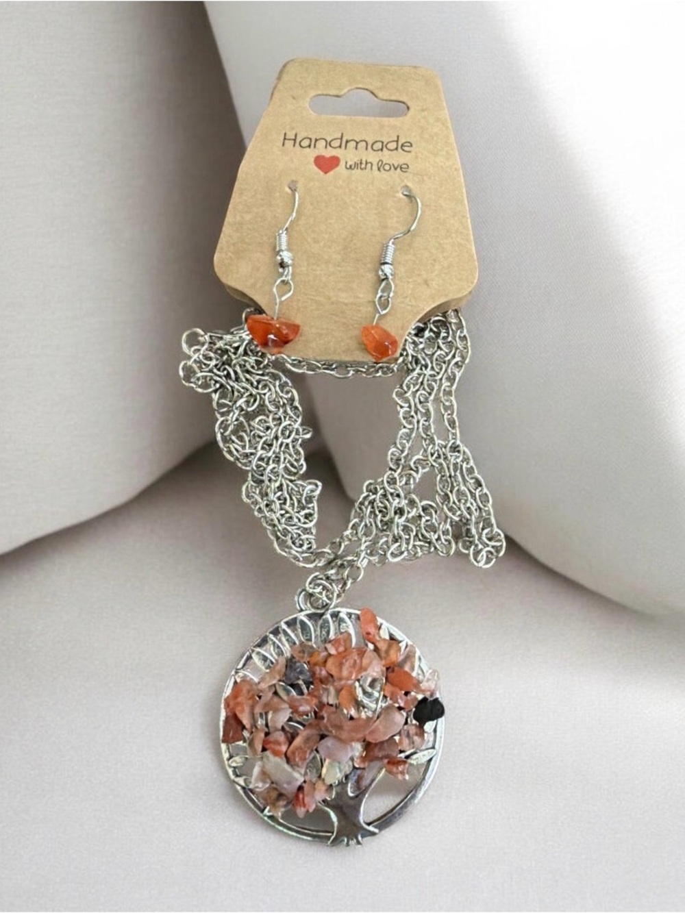Handmade Silver Tone Tree of Life Necklace with Orange Gem Chips 16” Chain